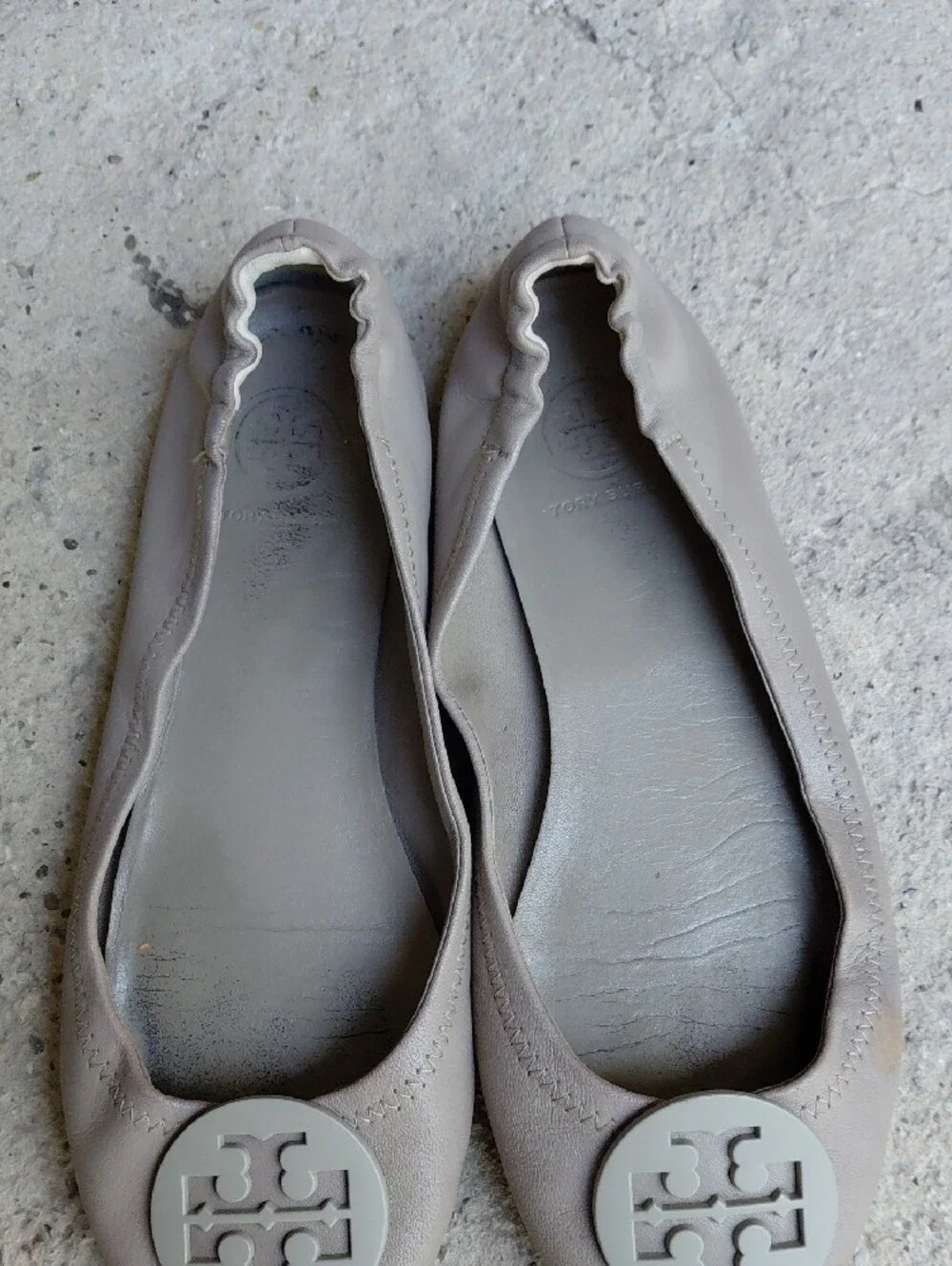 Women's Taupe Leather Ballet Flats with Logo Medallion